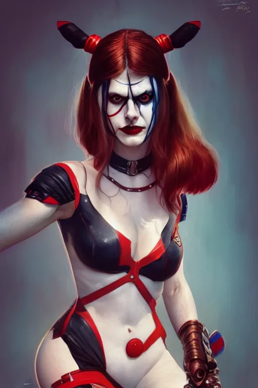 Prompt: alexandra daddario as harley quinn, realistic portrait, symmetrical, highly detailed, digital painting, artstation, concept art, smooth, sharp focus, illustration, cinematic lighting, art by artgerm and greg rutkowski and alphonse mucha