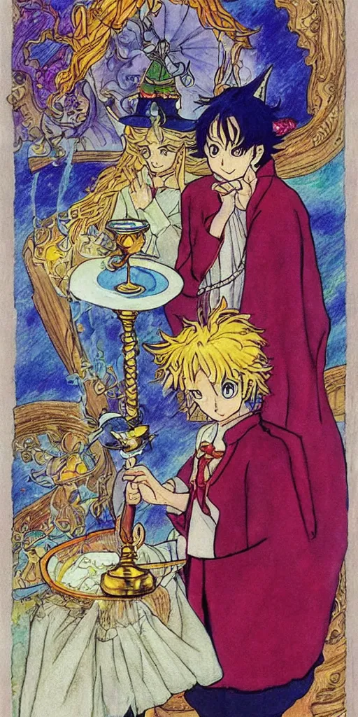 Image similar to a mystical man with a goblet on the table, wizard hat, drawn by Naoko Takeuchi,