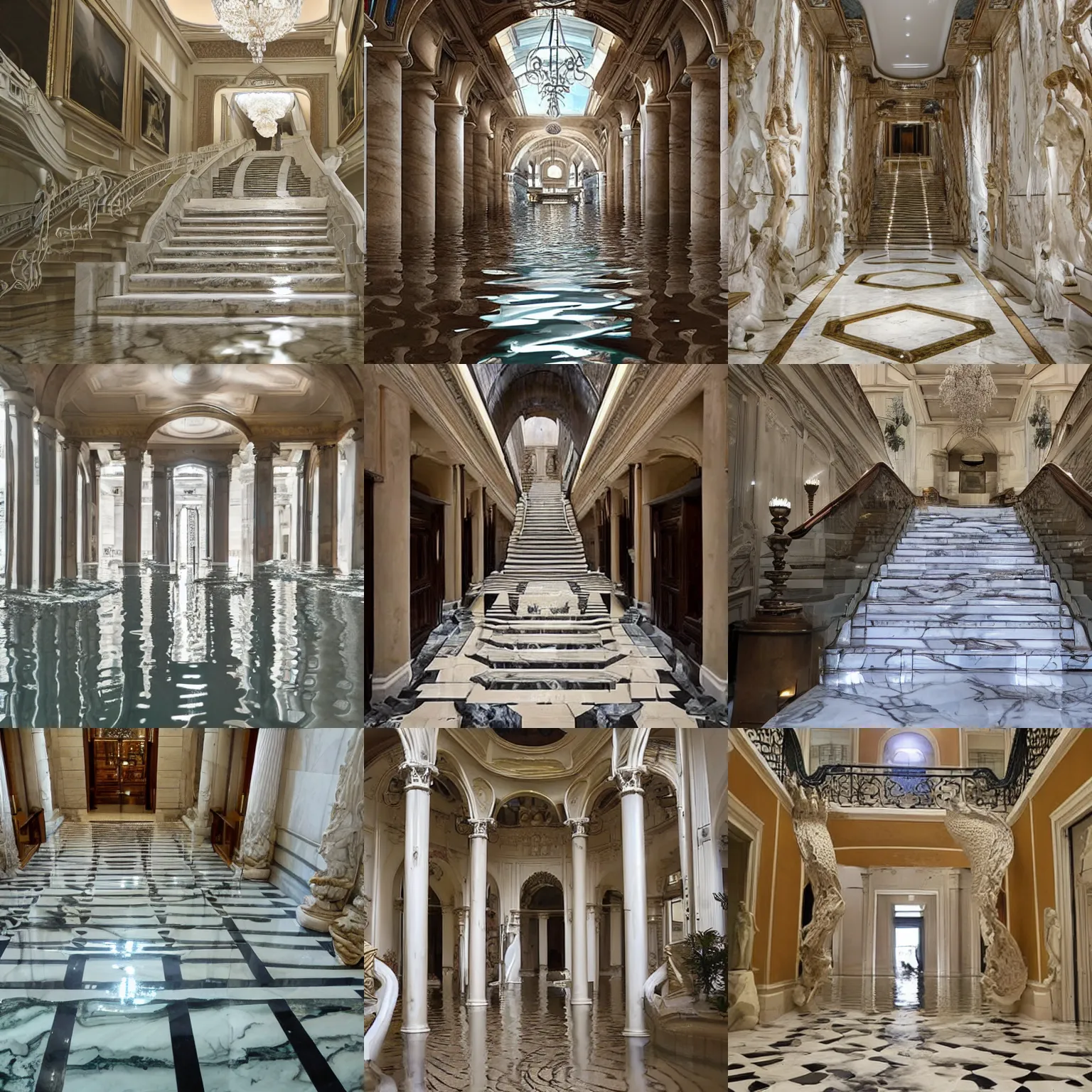 Prompt: photo of flooded infinite classic halls with many huge marble staircases sculptures piranessi