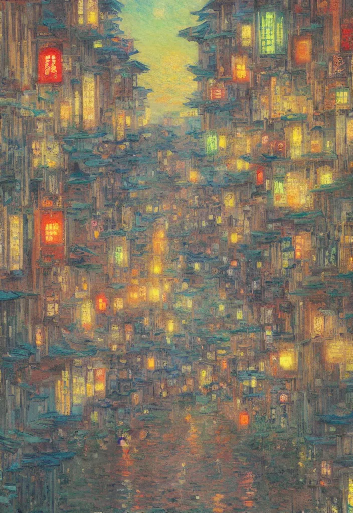 Prompt: a beautiful japanese city near the sea, ryokans and edo era houses, cyberpunk, lofi vibe, colorful, oil painting in impressionist style, by monet, by makoto shinkai, multiple brush strokes, inspired by ghibli, masterpiece