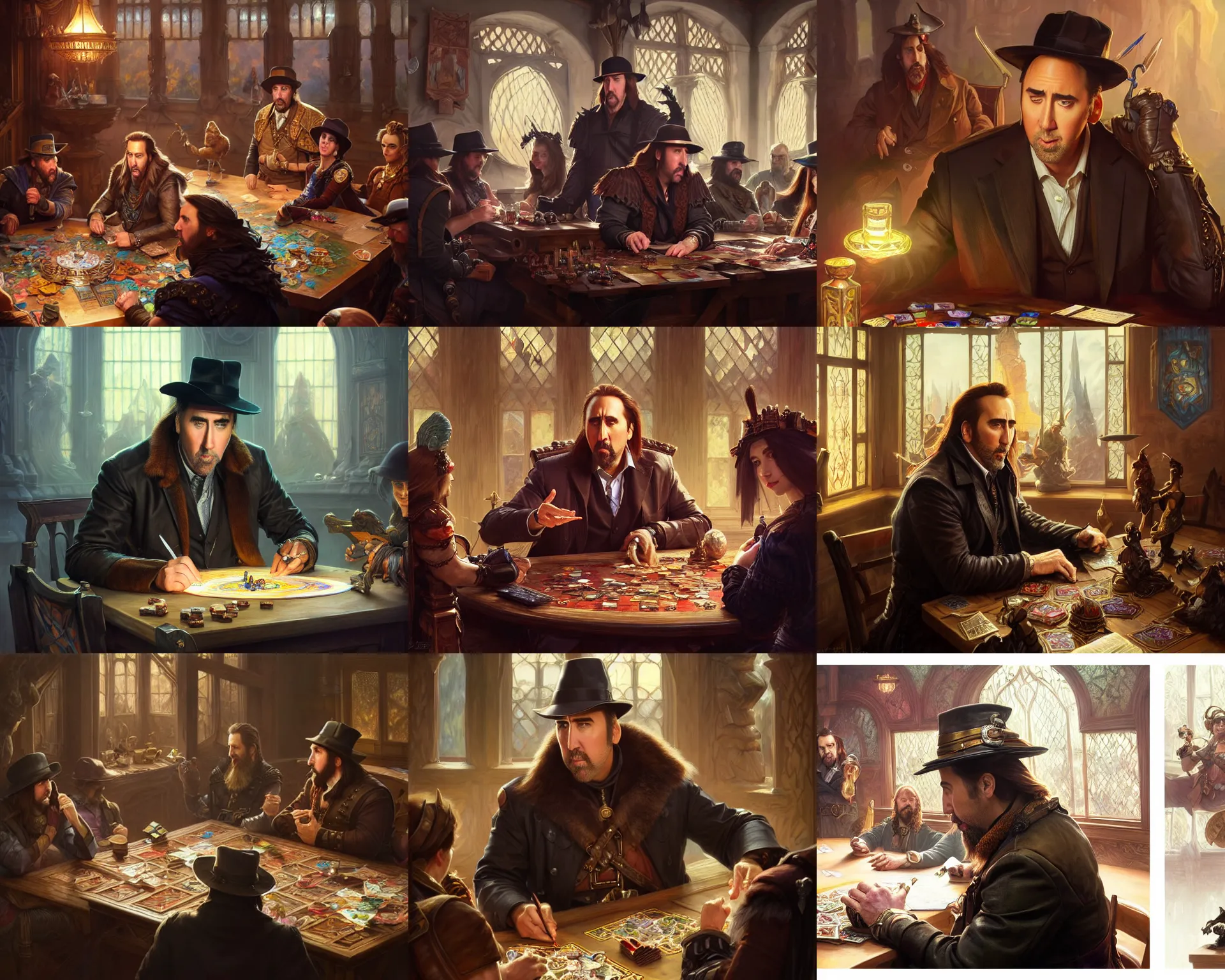 Prompt: nicholas cage wearing hats sit at table playing dnd, deep focus, d & d, fantasy, intricate, elegant, highly detailed, digital painting, artstation, concept art, matte, sharp focus, illustration, hearthstone, art by artgerm and greg rutkowski and alphonse mucha.