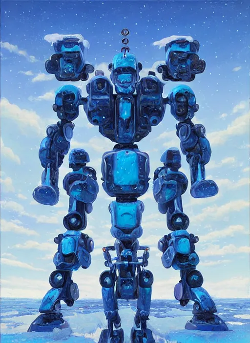 Image similar to an intricate oil painting of a giant pristine icey blue metal anime humanoid mecha with rounded components by simon stalenhag, icey tundra background