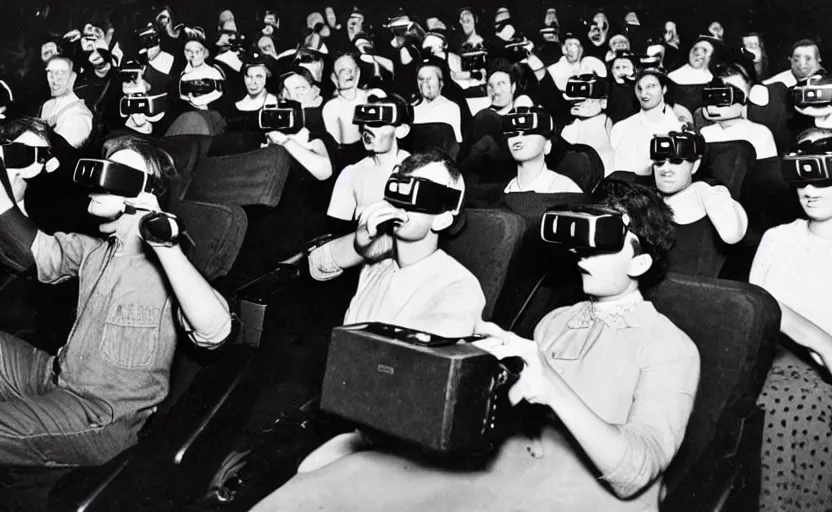 Image similar to 1 9 0 0 s photo of people wearing virtual reality headsets vr in a movie theater masterpiece