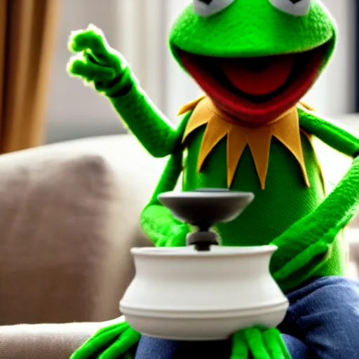 Image similar to candid photo of kermit the frog sitting on the couch hitting a bong, kermit the frog in ted ( 2 0 1 2 ) bong scene, kermit the frog using a bong, kermit bong bong kermit froggy bong, high resolution photo, trending on artstation, interior design,