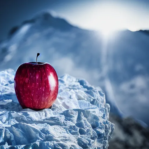 Prompt: a galaxy apple is sitting on the peak of mount everest, clear focus, bokeh effect, high res, hasselblad, professional photo