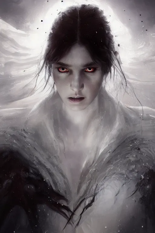 Image similar to a beautiful portrait of a young Demon women covered in white flames with an intense look on her face by Greg Rutkowski, Sung Choi, Mitchell Mohrhauser, Maciej Kuciara, Johnson Ting, Maxim Verehin, Peter Konig, Bloodborne , 8k photorealistic, cinematic lighting, HD, high details, atmospheric , trending on artstation