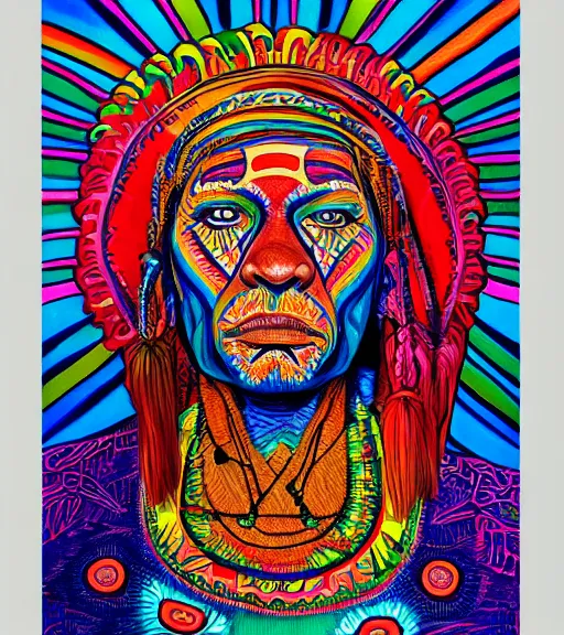 Image similar to Portrait painting in a style of Alex Grey of an old shaman dressed in a colorful traditional clothes. Psychodelic