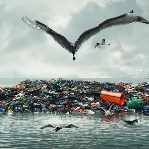 Image similar to on water, enormous huge piles of tyres and garbage floating as islands, seagulls flying in the forecasted sky, dramatic light, rainy weather, wet, detailed, wide shot, 8K mate painting, concept