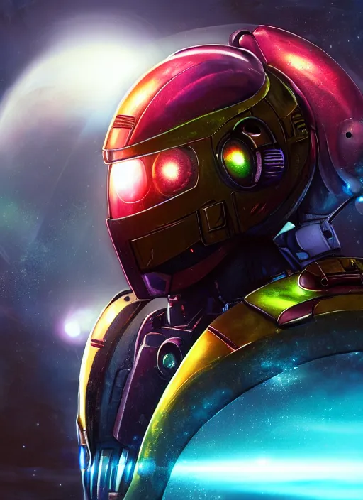 Prompt: Robot Suit, Samus Aran, Space Background, Bust, Concept Art, Helmet, Dredd, Profile, High Detail, 2D art, Artstation, Neon lights, Sci-fi, Space suit, Luis Nieves Sr, Makoto Kano, Metroid