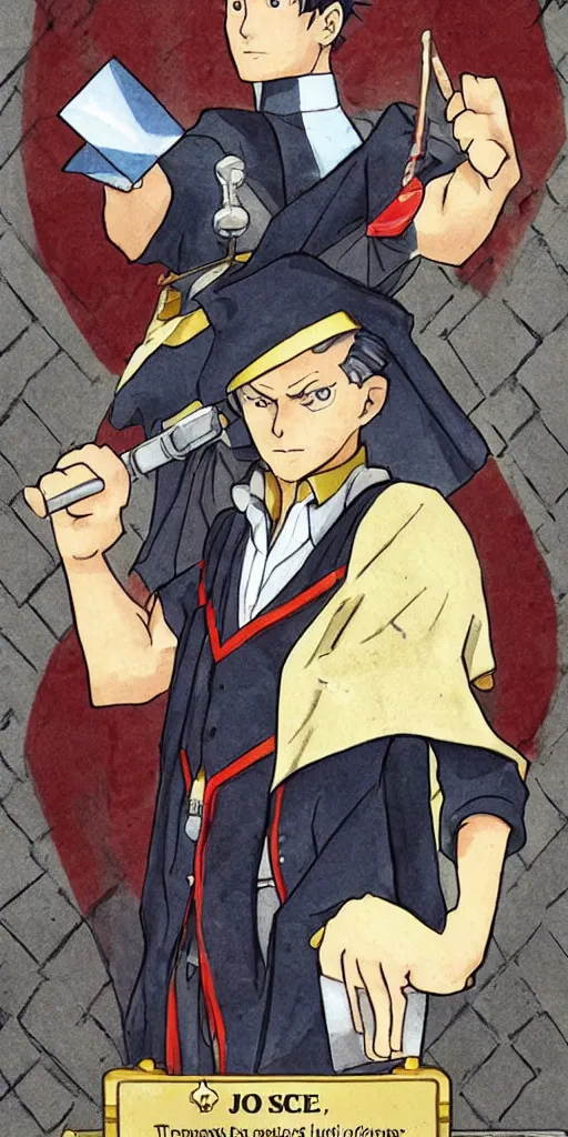 Prompt: the judge from Ace Attorney dressed as justice with a scale in one hand. Tarot card Justice