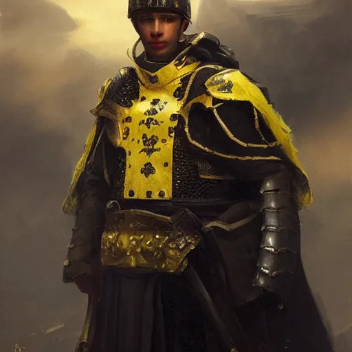 Prompt: Medium closeup young idealistic and pious male Imperial soldier wearing a black and yellow tabard over a gambeson and a steel open helm, by Raymond Swanland Greg Rutkowski Lise Deharm, {perfect face}, {perfect eyes}