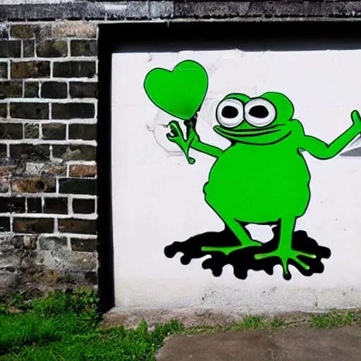 Prompt: pepe the frog street art by Banksy