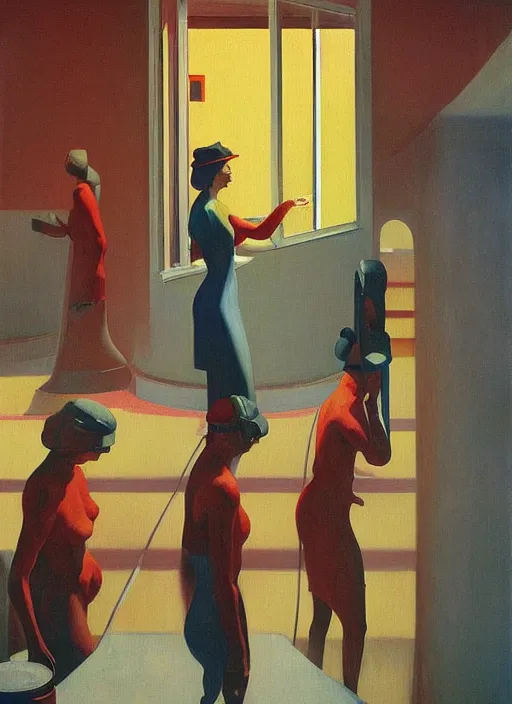 Prompt: sausage line at the art deco hospital painting by Edward Hopper and James Gilleard, Zdzislaw Beksinski highly detailed