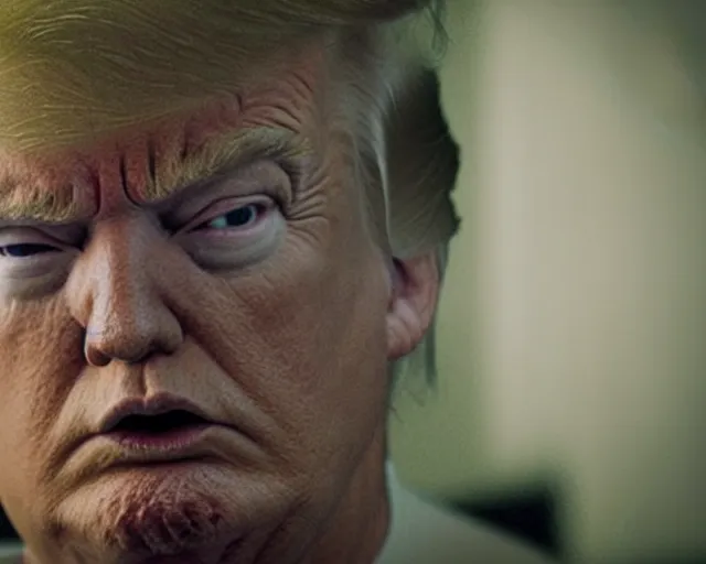 Image similar to closeup portrait of of angry donald trump wearing orange prison pajamas locked up in an prison jail cell, cinematic masterpiece, octane, dramatic lighting, very detailed