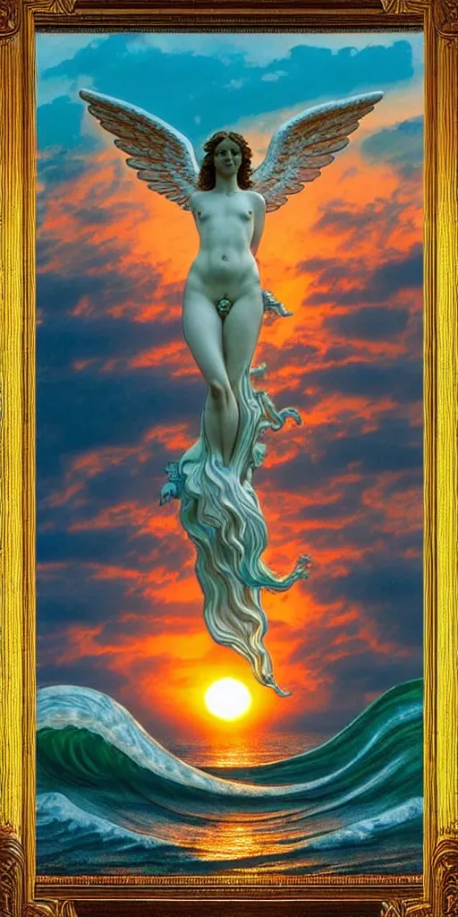 Prompt: ocean wave around ancient angel statue, lsd water, dmt ripples, backlit, sunset, refracted lighting, art by collier, albert aublet, krenz cushart, artem demura, alphonse mucha