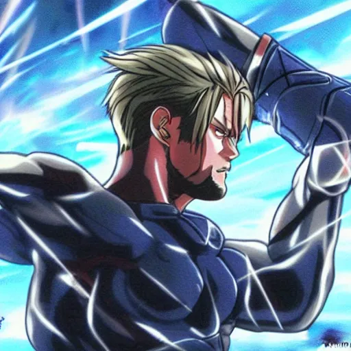Prompt: Still of Chris Hemsworth with a very muscular body type, anime art, anime style