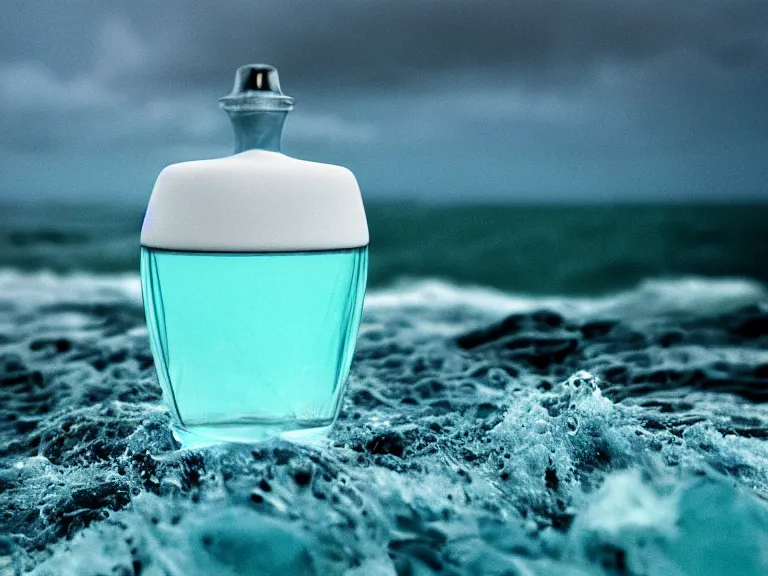 Image similar to cinestill 5 0 d photography of perfume bottle emerging from seafoam with marmelade sky / 4 style of nicholas fols, 2 0 0 mm, mute dramatic colours, soft blur outdoor stormy sea background, volumetric lighting, hyperdetailed, hyperrealistic