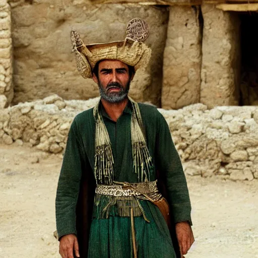 Image similar to Close up of a Kurdish shepherd wearing traditional Kurdish clothes in a movie directed by Christopher Nolan, movie still frame, promotional image, imax 70 mm footage