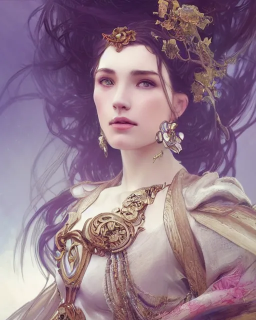 Image similar to a beautiful close up portrait of a female white knight sitting with elegant looks, flowing cape, ornate and flowing, intricate and soft by ruan jia, tom bagshaw, alphonse mucha, krenz cushart, beautiful roman architectural ruins in the background, epic sky, vray render, artstation, deviantart, pinterest, 5 0 0 px models