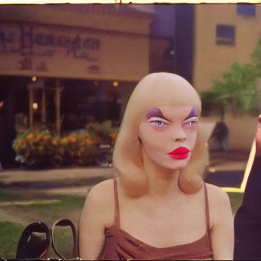 Image similar to 1981 color archival photo of a glamorous woman in a dress, and Casper the Friendly Ghost, in a sidewalk cafe, 16mm film soft color, earth tones and soft color 1981, live-action archival footage, in style of doris wishman russ meyer, woman looks like young mia farrow