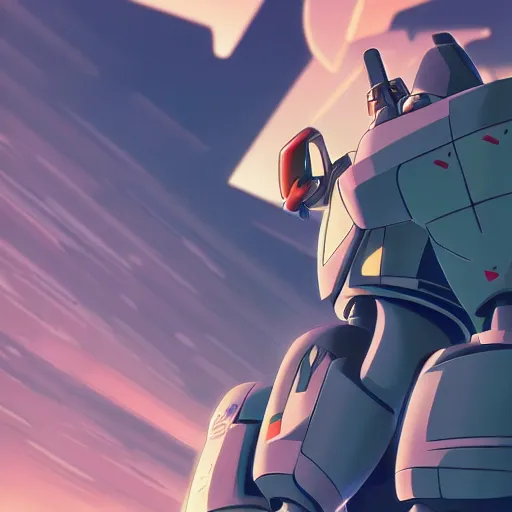 Image similar to close up pilot, looking up at giant mech, forest, key art, sharp lines, towering above a small person, aesthetic, anime, trigger, shigeto koyama, hiroyuki imaishi