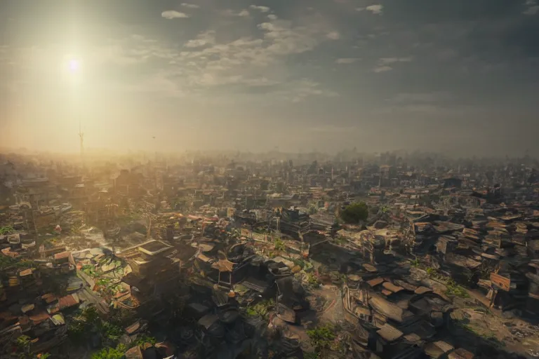 Prompt: the most amazing dream you ever had about indonesian city with 2 suns in the clody sky, hyper realistic, ambient lighting, concept art, intricate, hyper detailed, smooth, dynamic volumetric lighting, octane, cinematic