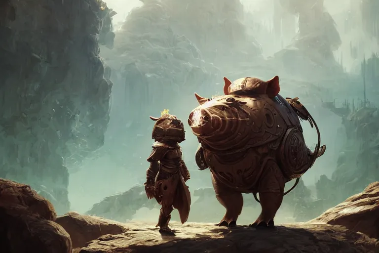 Prompt: a humanoid pig wearing a piece of armor, fantastical, concept art, highly detailed, artstation, octane render, focus, smooth, trending, feng zhu, shaddy safadi, noah bradley, tyler edlin, jordan grimmer, darek zabrocki, neil blevins, tuomas korpi