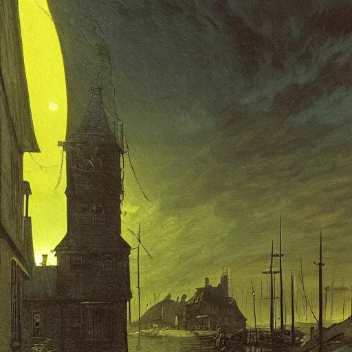 Prompt: innsmouth, wanderer, fishpeople, fishing town, church, night, dramatic light, lovecraft, painted by caspar david friedrich