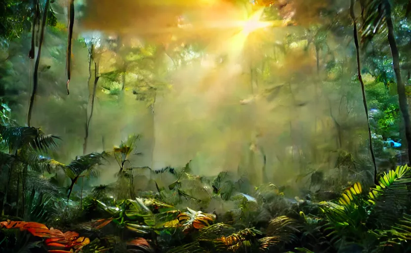 Image similar to a beautiful render of a dark prehistoric rainforest, lush flora, insects flying around, patches of green - orange sky, intricate detail, god rays, hazy, humid, volumetric lighting, 8 k, photorealistic, raytracing effects, unreal engine 5