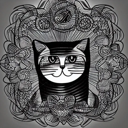 Image similar to tattoo sketch of a cat hugging the sun, on a canva, blackwork, ornamental, line art, vector,