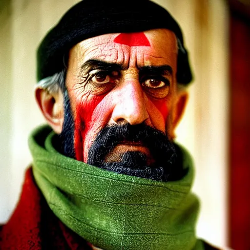 Image similar to portrait of president woodrow wilson as afghan man, green eyes and red scarf looking intently, photograph by steve mccurry