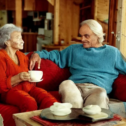 Prompt: terence hill drinking tea with an elderly lady in his mountain cabin, a cute earth pillow is visible in the couch