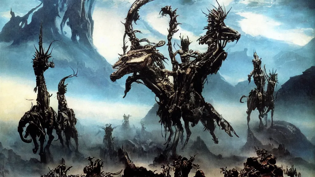 Image similar to surreal eerie alien planet empire, an alien army on a horse like creatures by frank frazetta and bruce pennington, cinematic matte painting