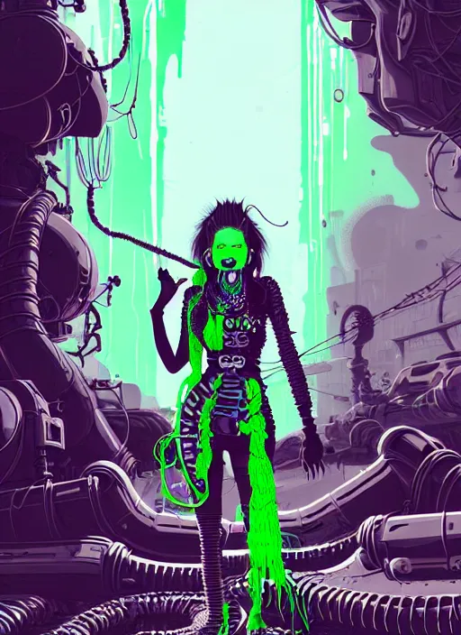 Image similar to highly detailed portrait of an angry wasteland punk long dripping green poison hair tribal lady, stray wiring by atey ghailan, james gilleard, by joe fenton, by greg rutkowski, by greg tocchini, by kaethe butcher, 4 k resolution, gradient purple, brown black and white color scheme!!! ( ( green flaming robotic sewer background ) )