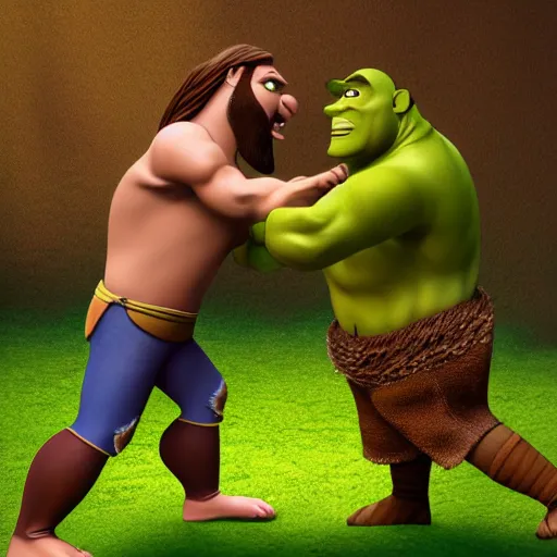 Image similar to muscular jesus fighting muscular shrek, highly detailed, high quality, hd, 4 k, 8 k, canon 3 0 0 mm, professional photographer, 4 0 mp, lifelike, top - rated, award winning, realistic, sharp, no blur, edited, corrected, trending