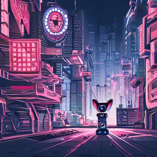 Image similar to robot corgi in a post - apocalyptic cityscape, dystopian, cyberpunk, detailed digital illustration, neon lights