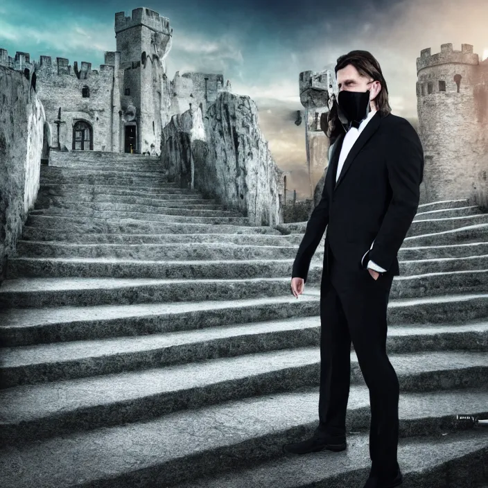 Prompt: cinematic movie, background is castle and steps, with a man wearing a silver melt mask, silver wavy long hair, black suit, 4 k