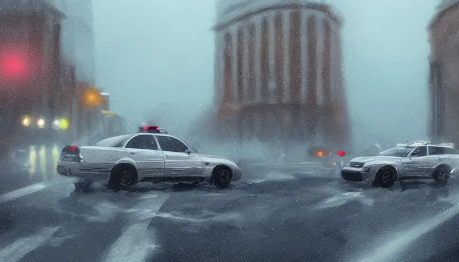 Prompt: cop car crossing washington dc streets during thunderstorm, sirens, hyperdetailed, artstation, cgsociety, 8 k