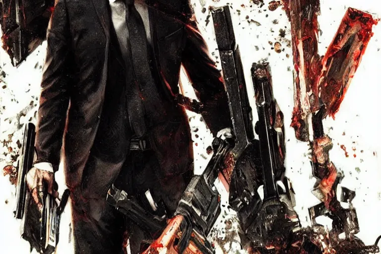 Image similar to keanu reeves as john wick, holding a chainsaw, cinematic, doom eternal concept art