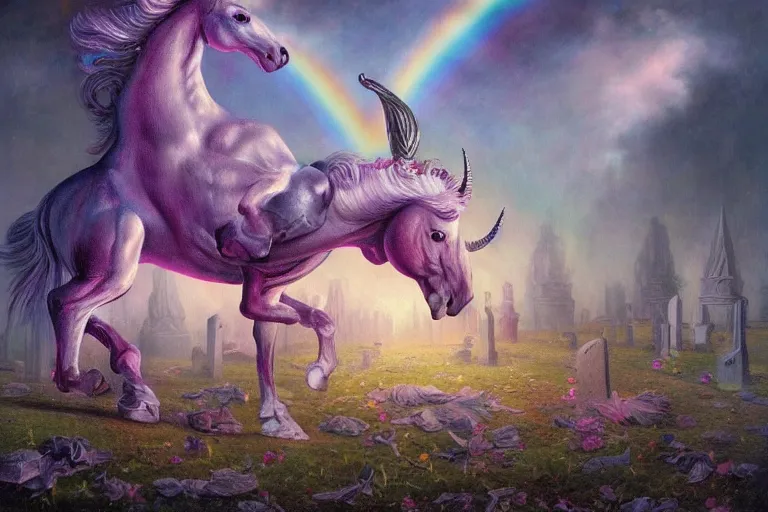 Image similar to A beautiful detailed mate painting Unicorns dancing under a rainbow on a graveyard' by Wayne Barlowe, existential horror, Trending on cgsociety artstation, highly detailed, 8k, masterpiece, in the style of DiscoDiffusion.