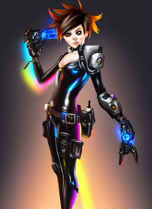 Image similar to full body digital artwork of tracer overwatch, confident pose, wearing black iridescent rainbow latex, 4 k, expressive happy smug expression, makeup, in style of mark arian, wearing detailed black leather collar, wearing sleek armor, black leather harness, expressive detailed face and eyes,