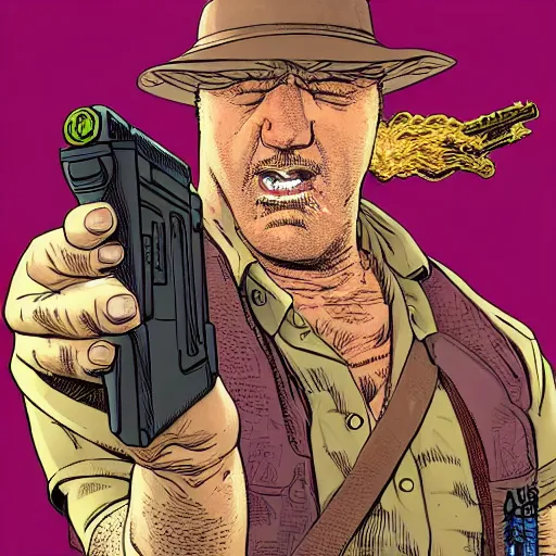Prompt: A sorcerer wielding two Glock pistols, bust shot, art by Geof Darrow, high detail, 8k, Smooth, High contrast, depth of field, aperture f2.8
