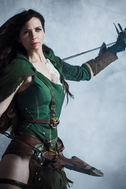 Image similar to Laura Bailey as Vex'ahlia from Vox Machina, Half-elf Ranger, realistic cinematic shot, swirling nature magic, subtle fog and mood lighting