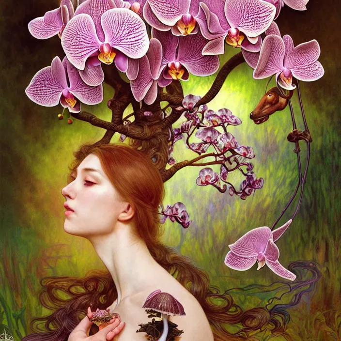 Image similar to psychedelic animal, orchid, cherry blossom tree, mushrooms, diffuse lighting, fantasy, intricate, elegant, highly detailed, lifelike, photorealistic, digital painting, artstation, illustration, concept art, smooth, sharp focus, art by John Collier and Albert Aublet and Krenz Cushart and Artem Demura and Alphonse Mucha and Giuseppe Arcimboldo