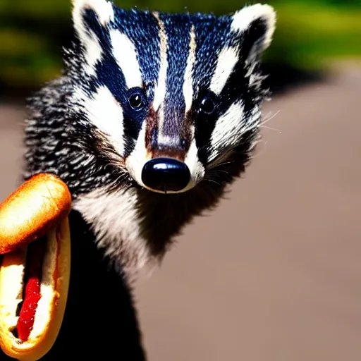 Image similar to photo of a badger eating a hot dog, dynamic lighting, high contrast