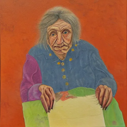 Image similar to painting of a wrinkled old woman, appalachian folk art