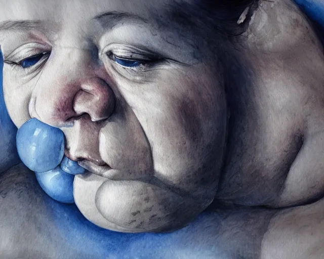 Prompt: an innocent and beautiful scene in hyper realistic style, watercolor and pen oily drawing on wood, of a fat old woman is sculpting a huge baby's head on the wall, lighting from the barred window. shadows. 4 k. wide angle. wild mood. red mouth, blue eyes. deep focus, lovely scene. ambient occlusion render. unreal engine.