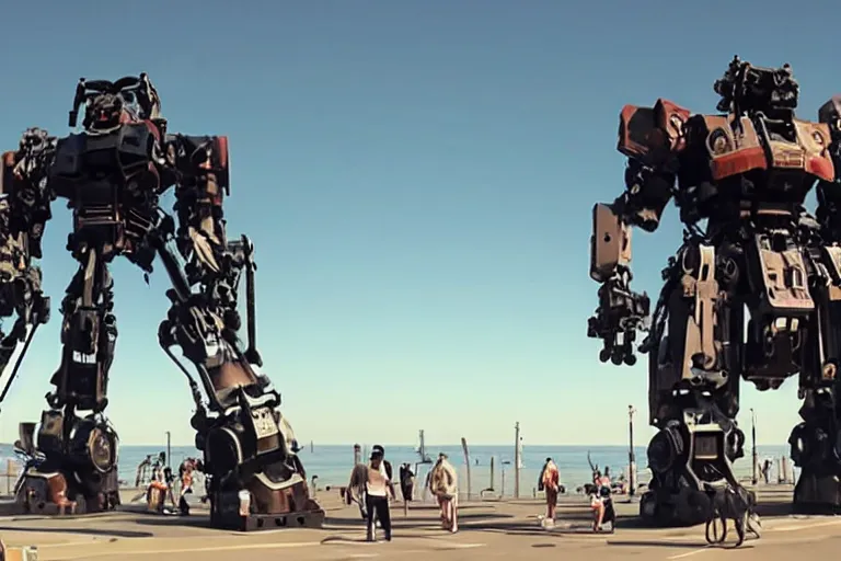 Image similar to cinematography of giant Mech on Santa Monica peer By Emmanuel Lubezki