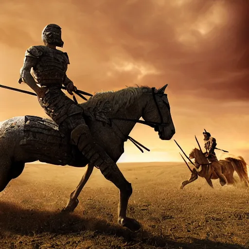 Prompt: a hyper-realistic photograph of a spartan soldier riding a horse through the ravaged battlefield in the style of a photo-realistic, realistic photograph, 3D render, blender, detailed, ominous, threatening, haunting, forbidding, colorful, doom, apocalyptic, sinister, unnerving, harrowing, dreadful, frightful, shocking, terror, hideous, ghastly, terrifying