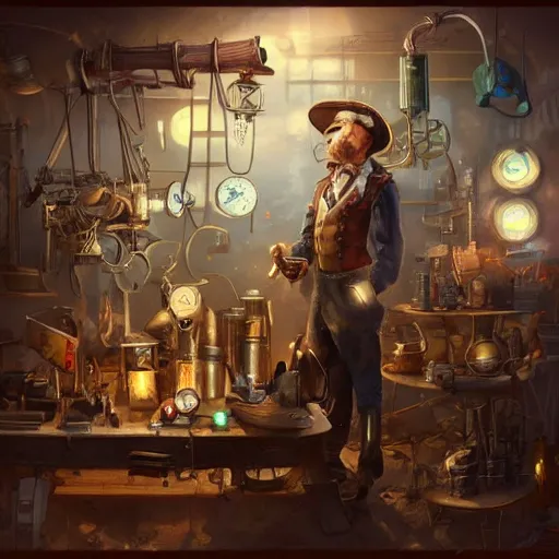 Image similar to a crazy artificer working in his haphazard steampunk workshop, light rays, artstation